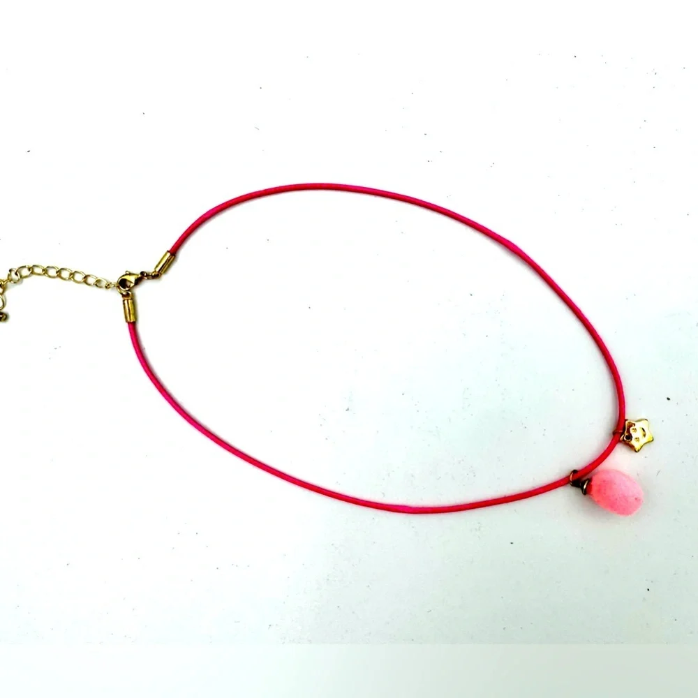 Elegant Hot Pink Cord Necklace with Gold Charm and Soft Pink Puff Charm